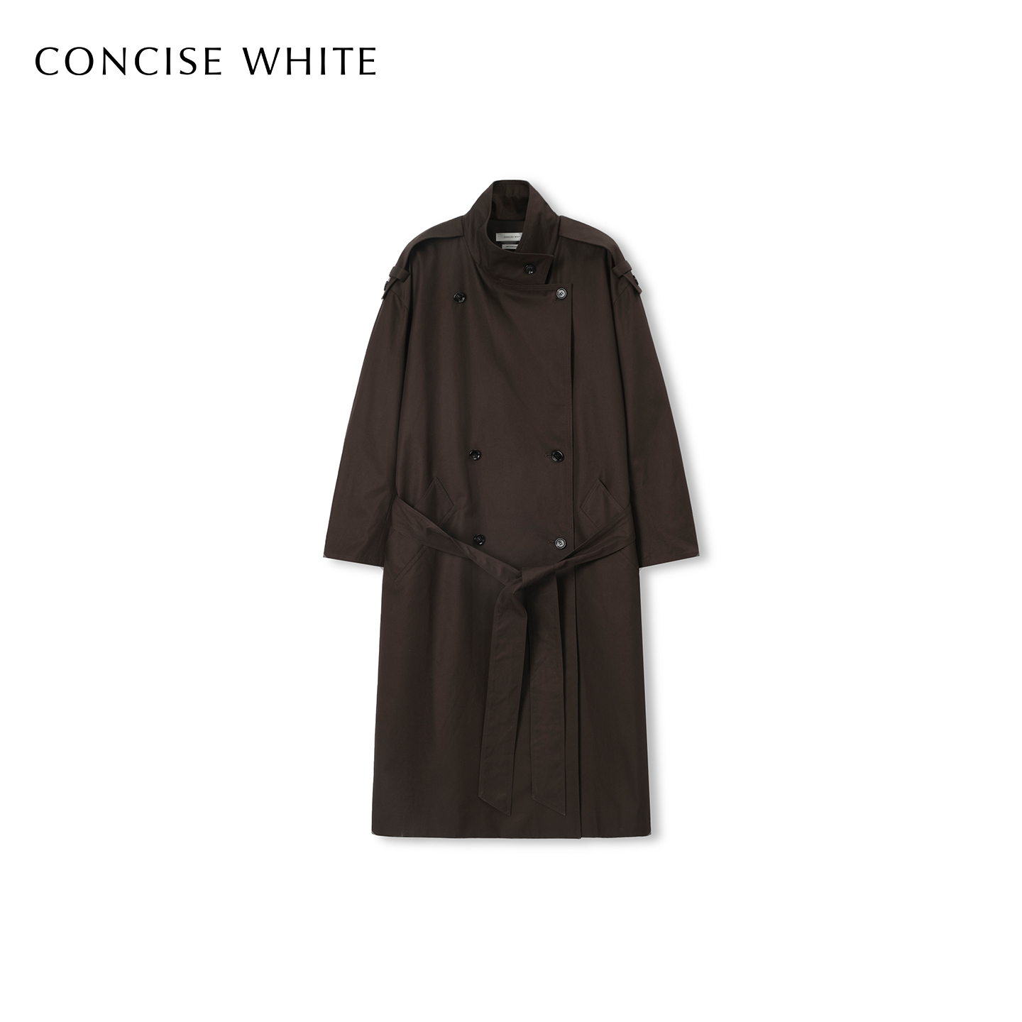 CONCISE-WHITE简白2025秋冬新款肩章长外套宽松立领廓形风衣女
