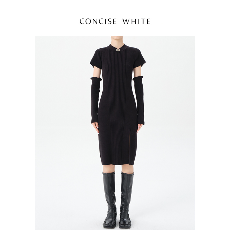 CONCISE-WHITE简白旗舰店 新中式开衩袖套针织连衣裙秋冬新款
