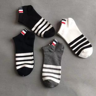 tb夏季船袜潮牌四道杠条纹不对称AB版男女袜低帮浅口纯棉短筒袜子