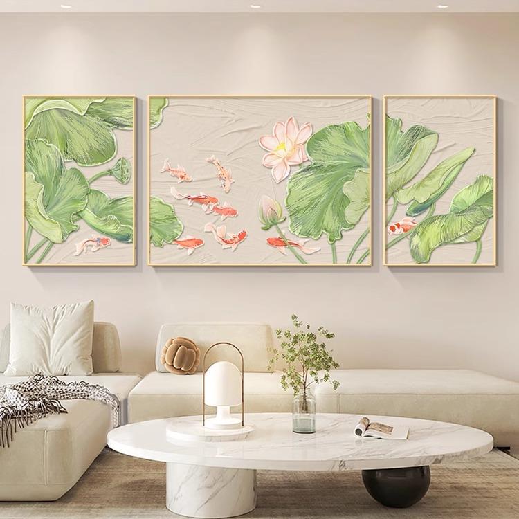 荷花鱼图壁画客厅挂画现代简约绿色沙发背景墙装饰画晶瓷三联画图片