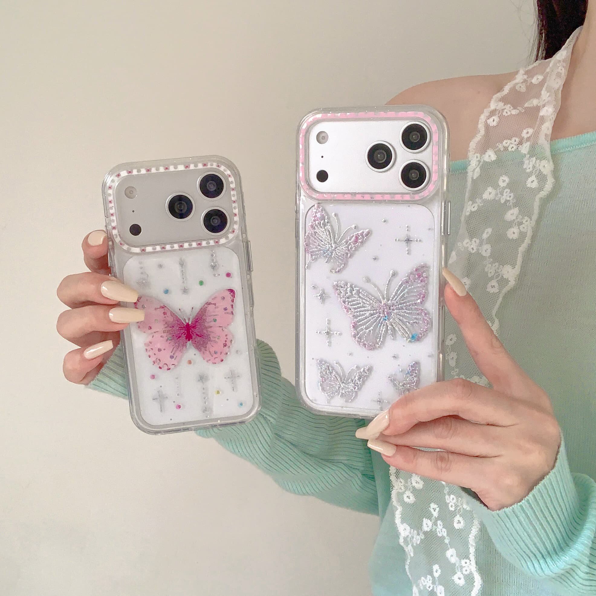 少女心韩系甜美两只大蝴蝶适用苹果17promax手机壳15全包按键大视窗14/13创意可爱透明硅胶软壳16防摔保护壳