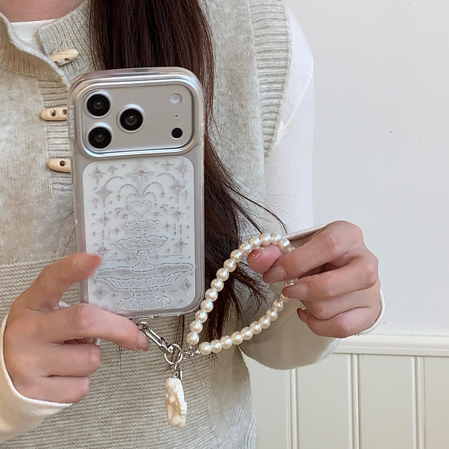 淳于亦ins韩系喷泉池适用苹果17promax手机壳15全包按键大视窗14/13创意银框手绘亚克力挂绳软壳16防摔保护壳