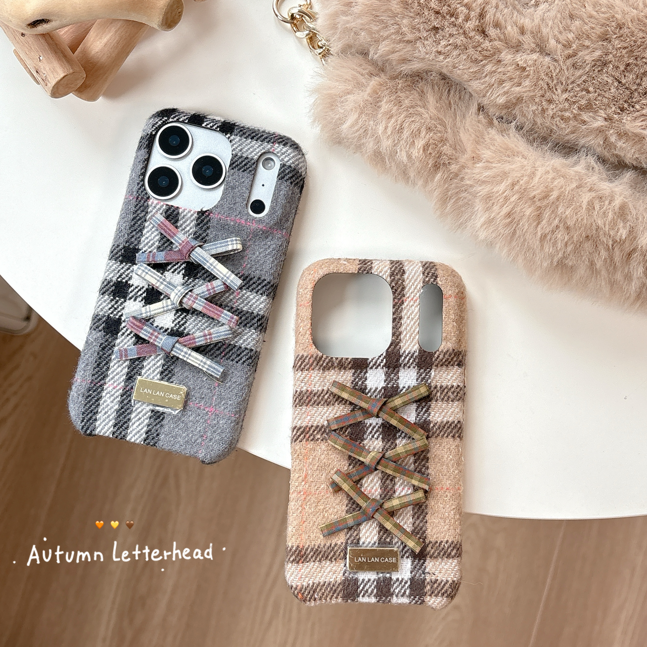 高级毛呢格纹蝴蝶结苹果17毛绒壳