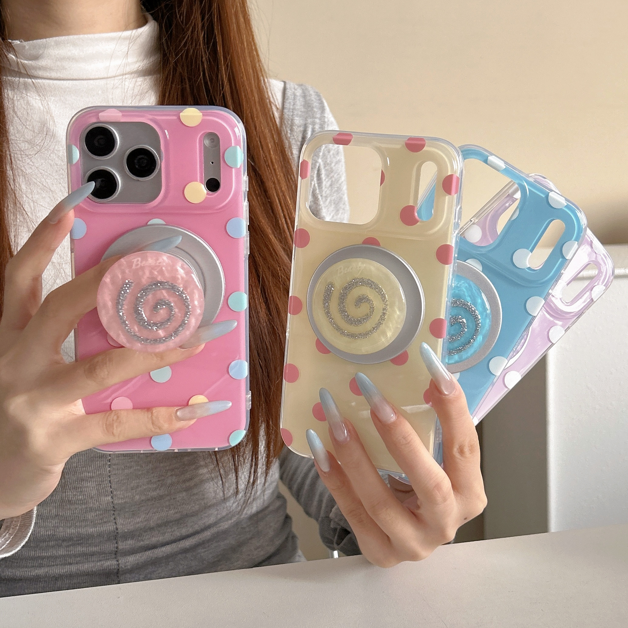 ins韩系多巴胺配色波点磁适用苹果17promax手机壳15全包按键半包镜头壳14/13创意立体磁吸闪银支架软壳16保护