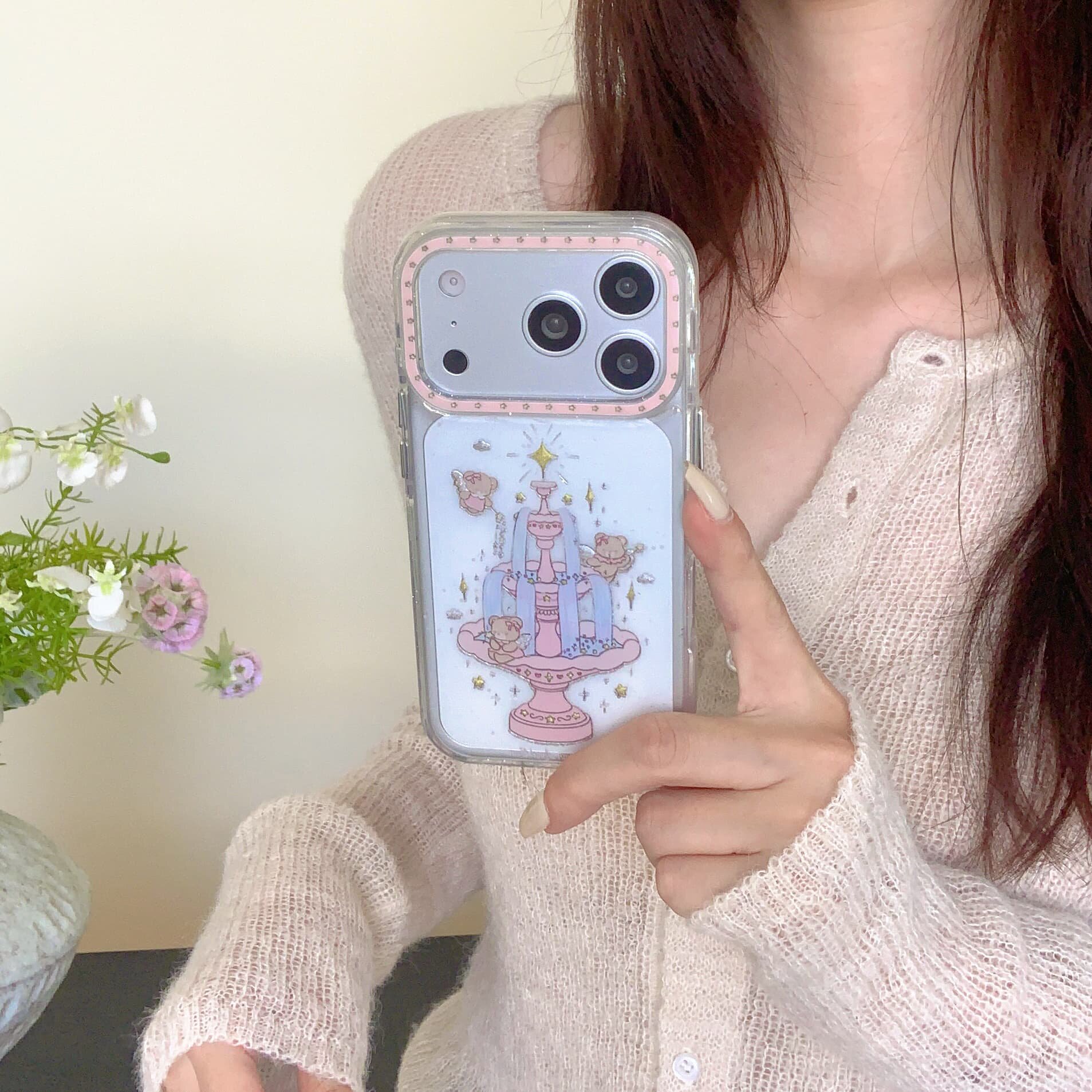 浪漫粉色许愿池小熊天使适用苹果17promax手机壳15全包按键大视窗14/13创意透明五彩宝石硅胶软壳16防摔保护