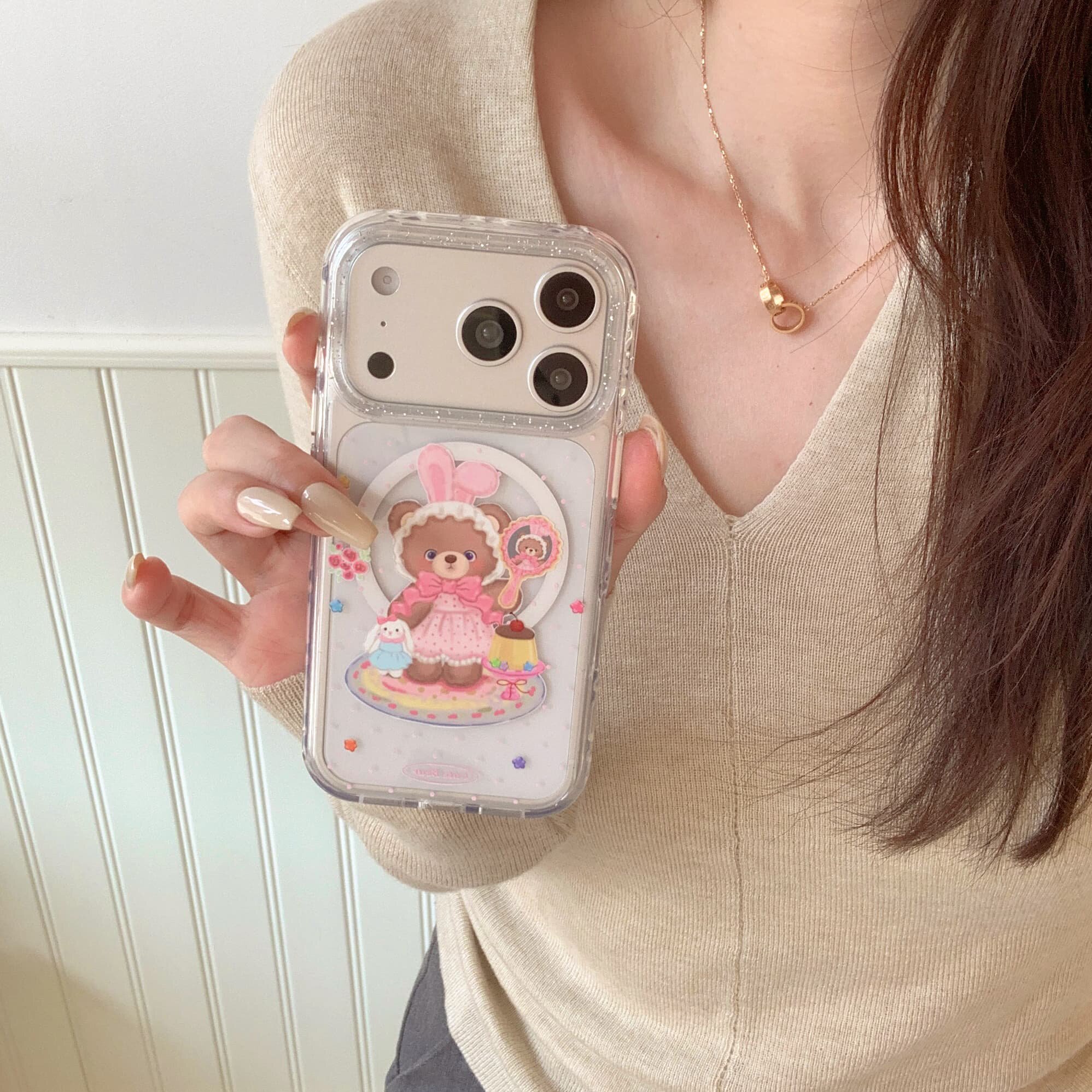 粉色睡裙睡帽照镜子小熊适用苹果17promax手机壳15全包按键大视窗16创意蝴蝶结镜子磁吸支架透明硅胶壳17保护