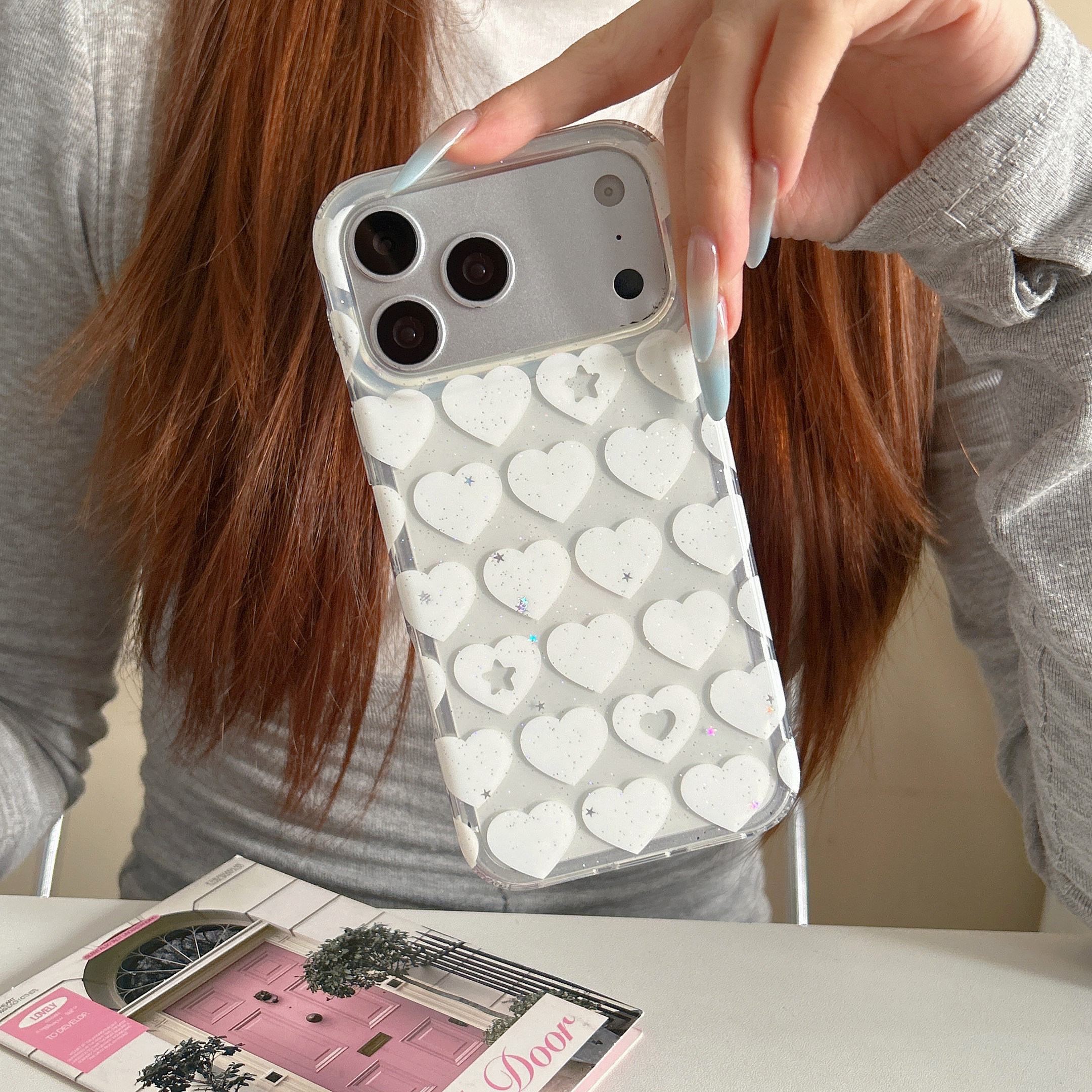 ins时尚白色小爱心镂空星星适用苹果17promax手机壳15全包按键大视窗14/13创意可爱透明硅胶软壳16防摔保护壳
