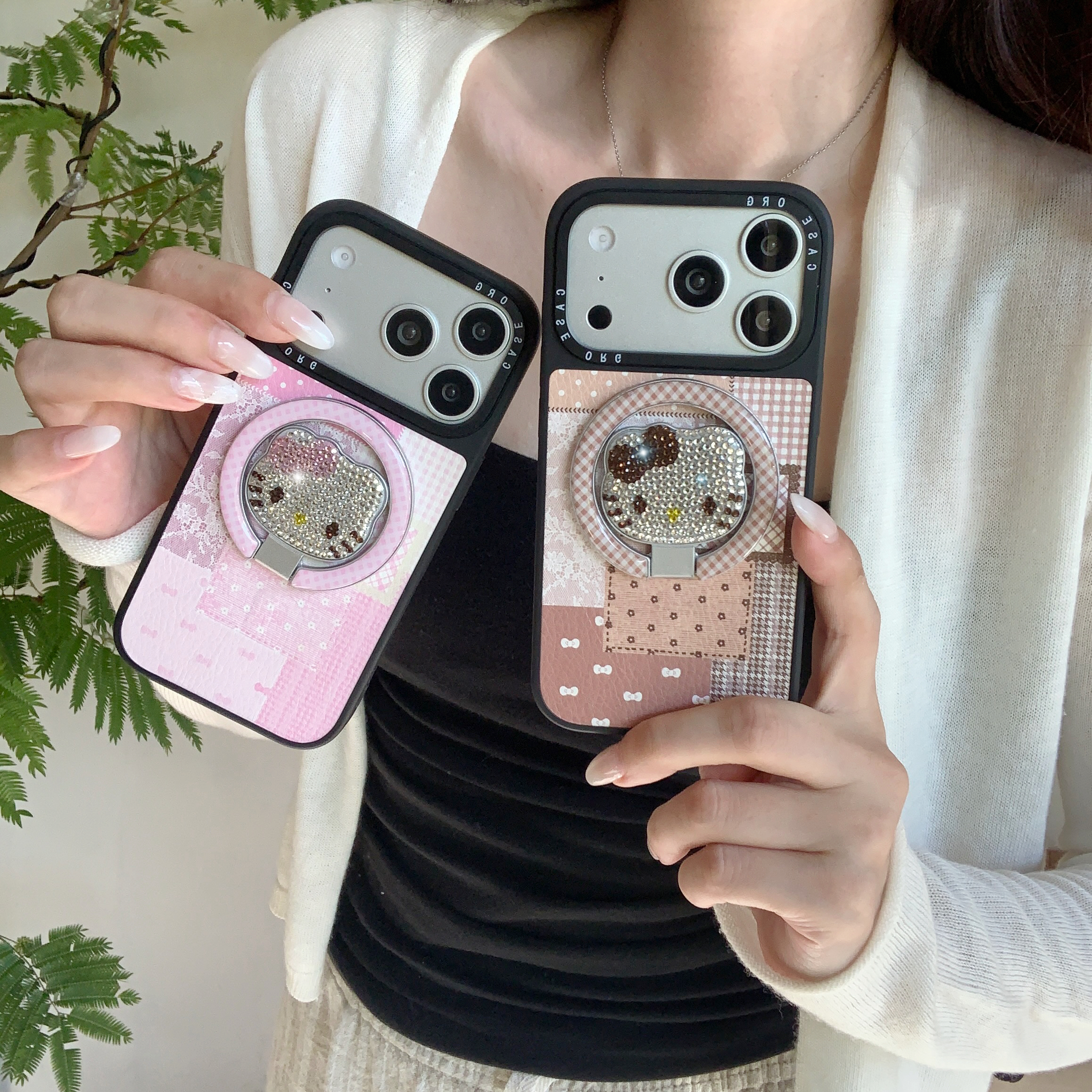 淳于亦ins风棕色皮纹适用苹果17promax手机壳15pro全包按键黑边大视窗14/13创意闪钻凯蒂猫立体旋转支架6保护