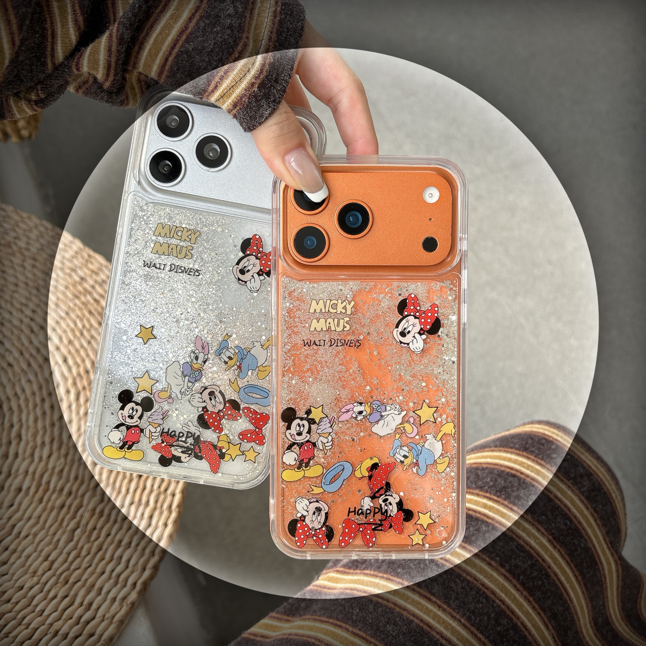 迪士尼米奇米妮闪银流沙适用苹果17promax手机壳15全包按键大视窗14/13创意不撞款情侣透明硅胶防摔保护软壳