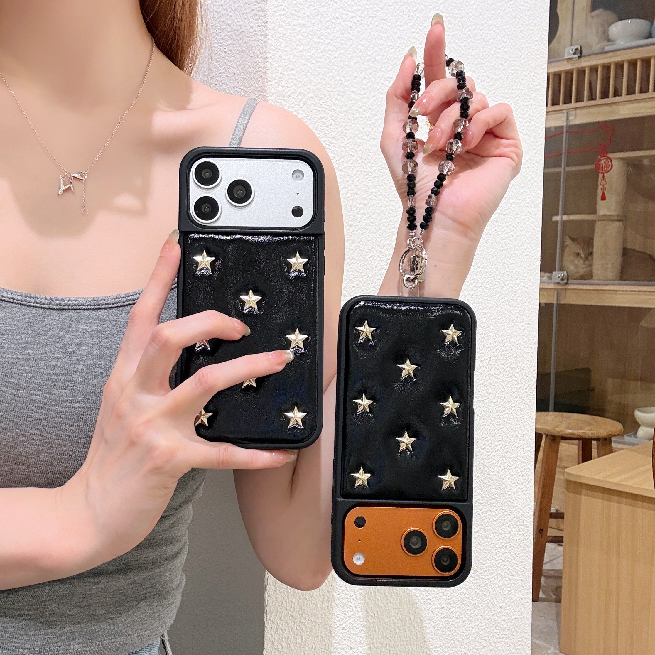 奢华高级黑色烫蜡皮质星星适用苹果17promax手机壳15全包按键大视窗14/13创意个性不撞款情侣硅胶16防摔保护