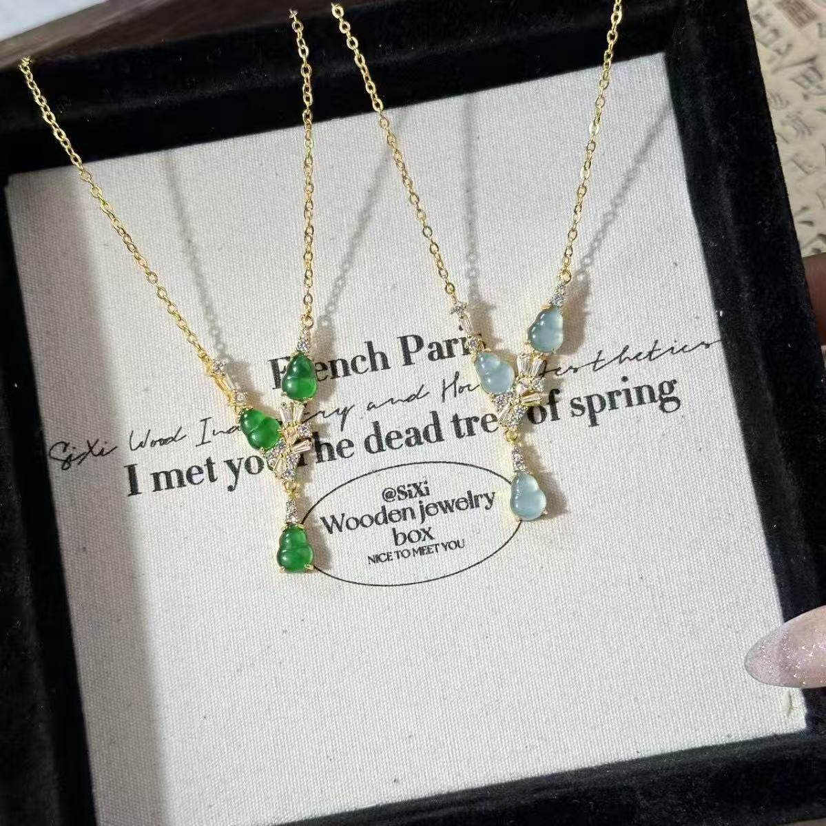 新中式天然蓝水翡翠三葫芦项链女冰种阳绿复古时尚气质轻奢锁骨链