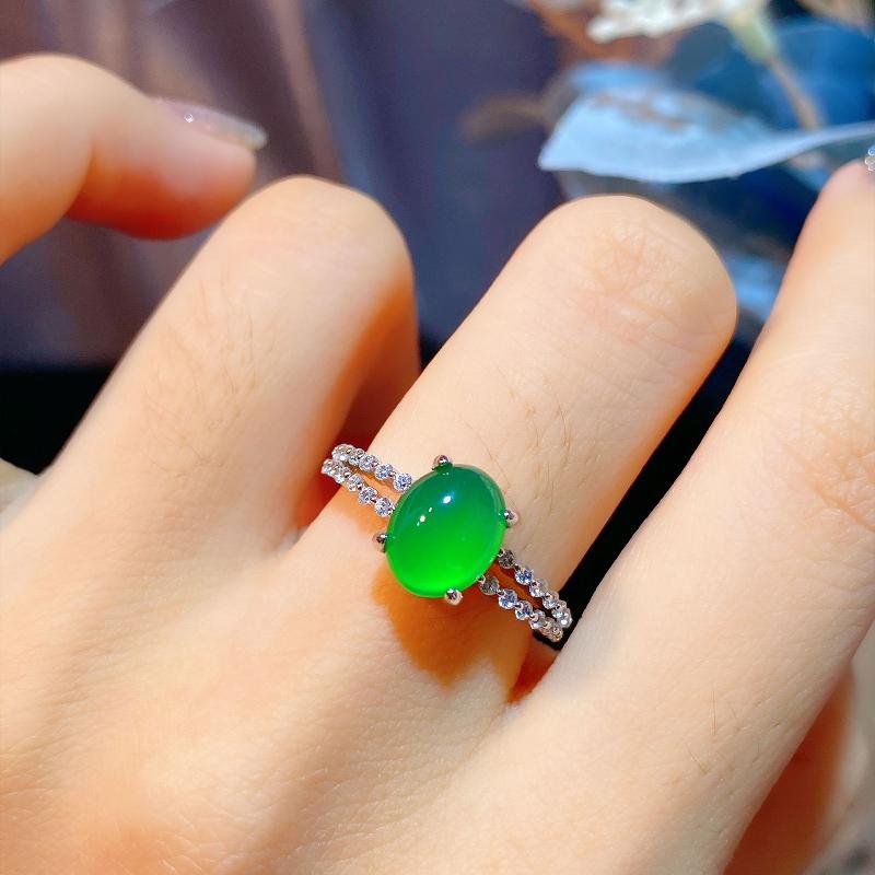 冰种天然冰透绿玉髓玛瑙复古戒指