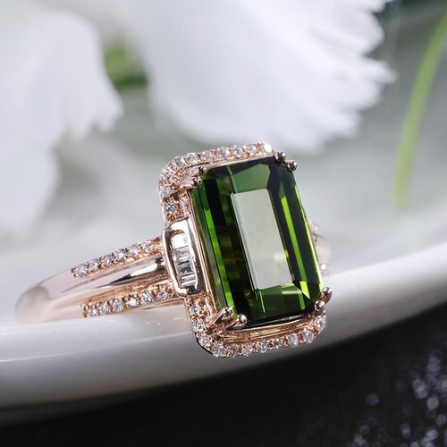 天然方形绿碧玺戒指女