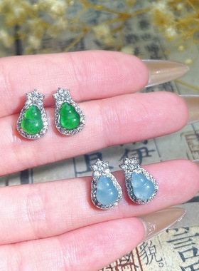 新中式天然危料蓝水翡翠阳绿葫芦耳钉女简约精致小巧时尚爆款耳饰