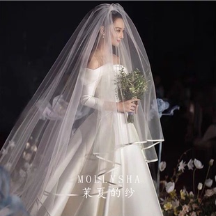 茉夏的纱2024张馨予同款缎带头纱主婚纱头饰复古缎面盖头长款拖尾