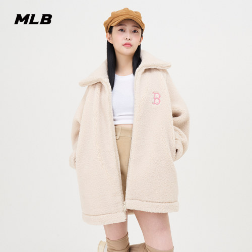 MLB官方 女生长款仿羊羔绒外套刺绣logo时尚休闲冬季新款FDB01