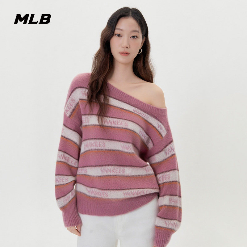 MLB官方 女款学院风时尚条纹斜肩毛衣针织套衫25秋季新款KPV02