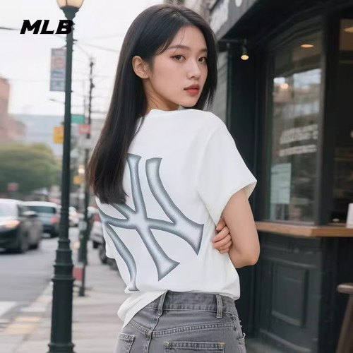 MLB官方 男女情侣运动休闲百搭短袖潮流背标T恤25夏季新款TSB64