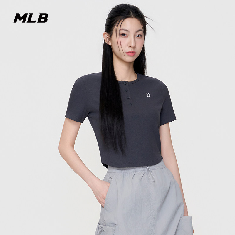 MLB官方 女款复古修身显瘦短款亨利领防晒短袖T恤26夏季新款TSB10
