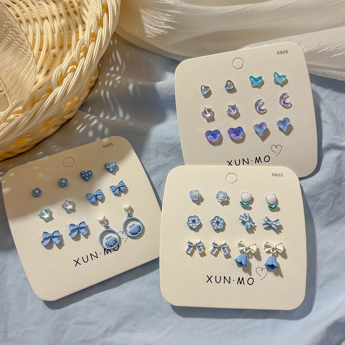 春夏季清新蓝色系耳钉套装显白百搭银针耳饰新款高级感耳环女一套