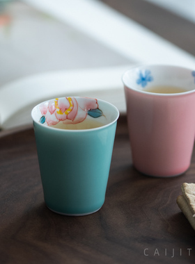 彩集堂 手绘品茗杯 清新釉下彩茶具绿色闻香杯功夫小茶杯单个50ml