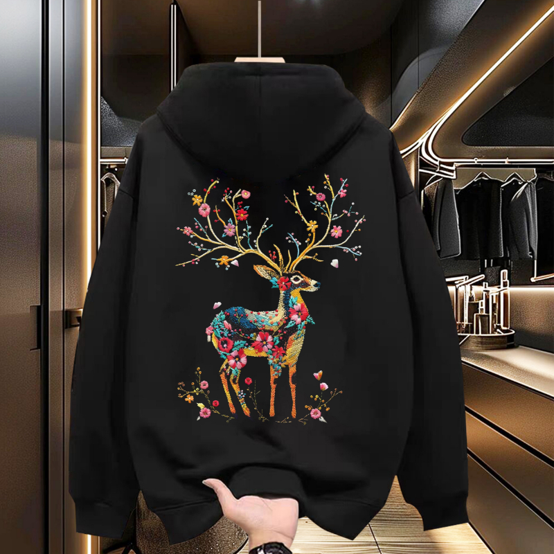 2025新款个性潮流宽松简约百搭卫衣-梅花鹿休闲连帽印花加绒国潮