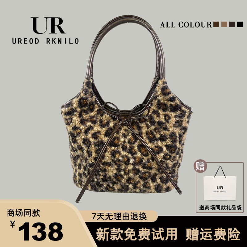 UR秋冬韩系羊羔毛绒单肩包包女士2024新款托特包蝴蝶结通勤手提包