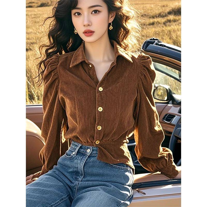 优美拉咖色绒长袖衬衫女2024丝秋季新款法式气质德雅XKS24918高级