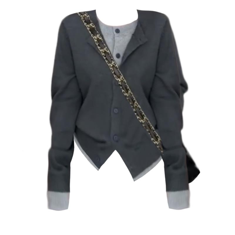 码胖妹妹韩系懒拼色假两件针开衫女秋大织季慵LZT设计感撞色上衣