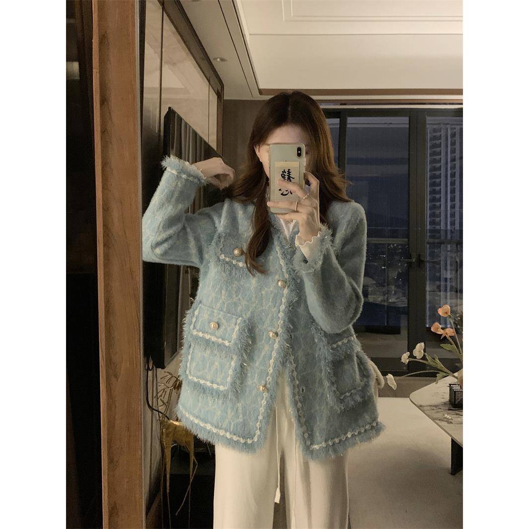 大长袖V领小香风流苏外套秋码季肉松新款胖mm遮宽针织毛zl/ljx/l