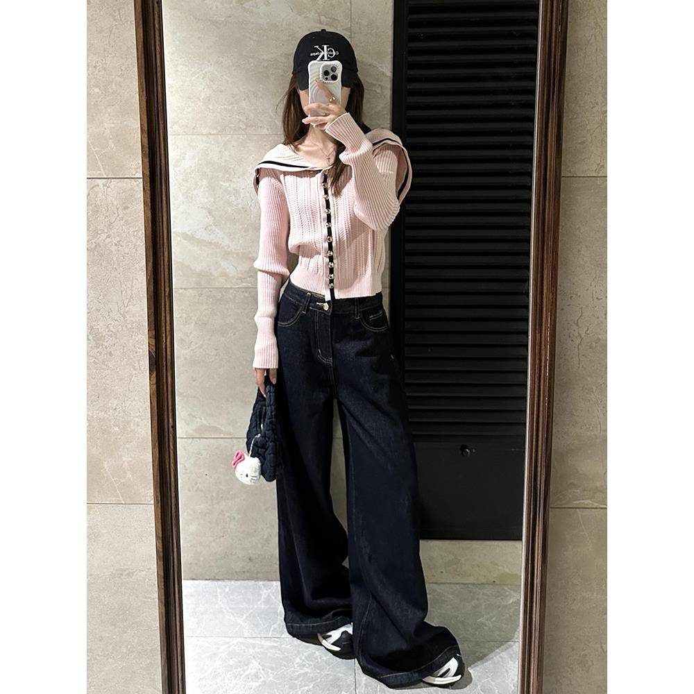 海款军领粉一字色肩毛衣开衫女秋冬季新款甜美龄针织短上减衣CAN4