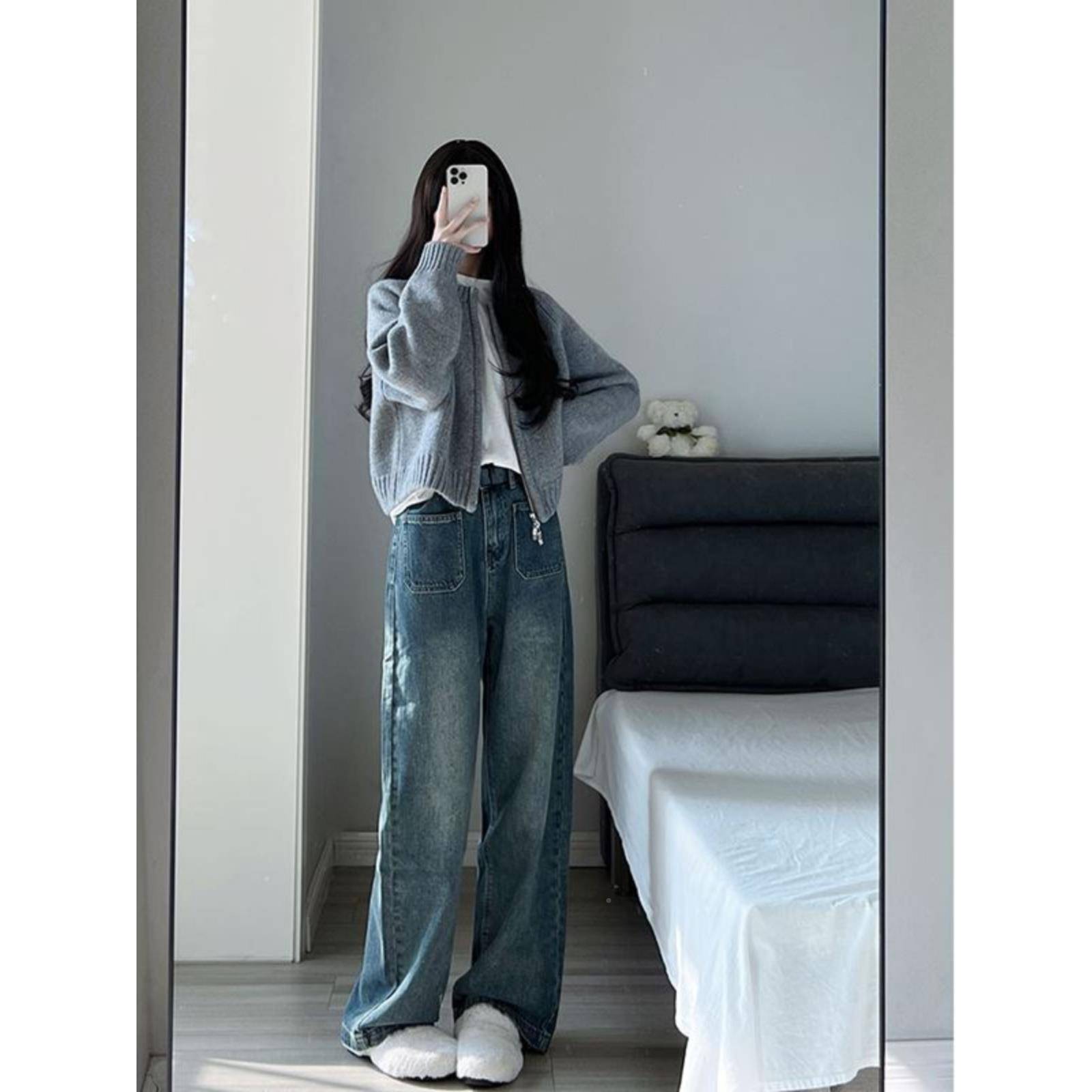 蓝色毛衣外针织开套衫学生国潮牌秋冬外穿拉7594Q加链上衣通勤卫