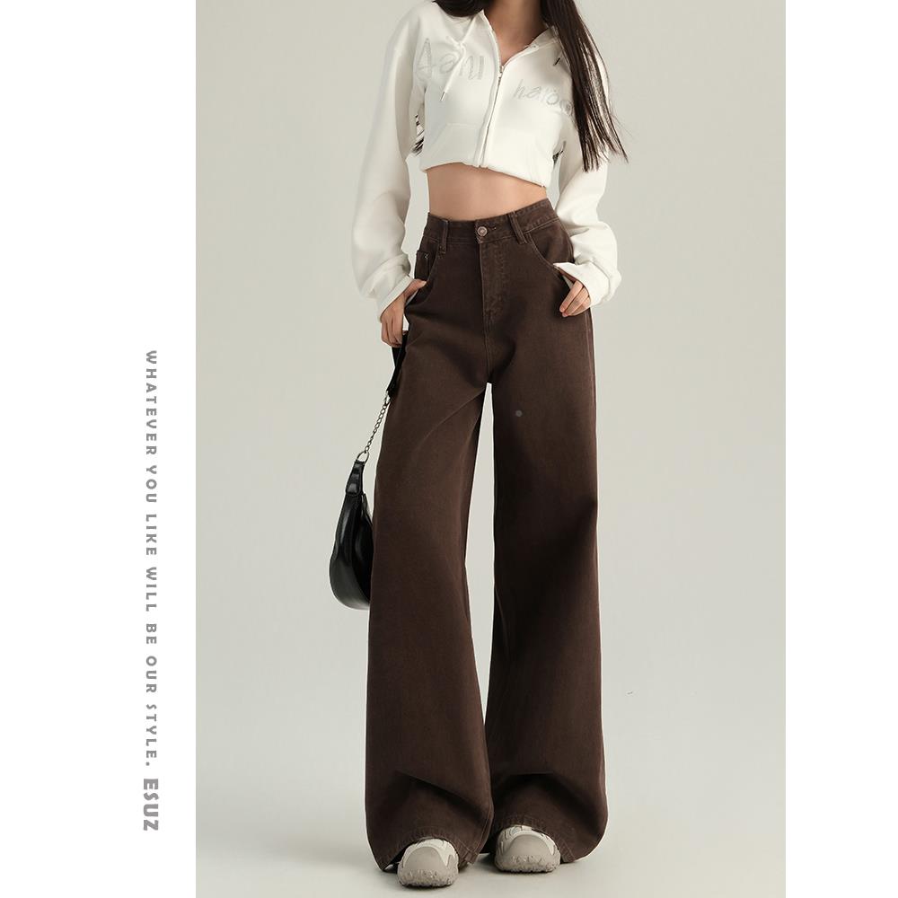 2高级垂感咖色阔腿牛仔裤女筒秋冬加绒205新A249262款高子腰宽松