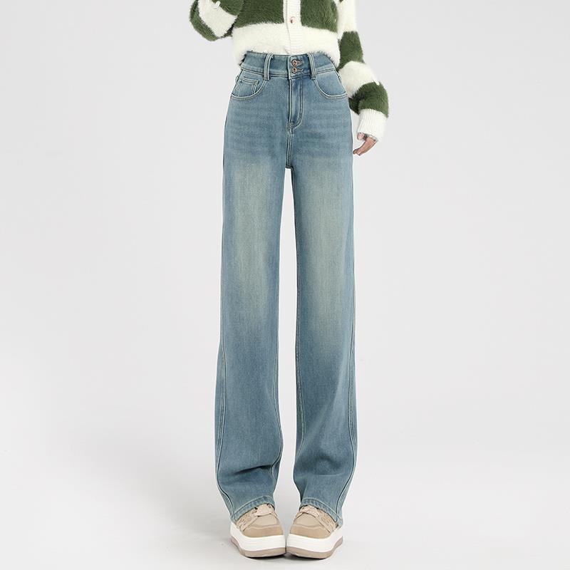 浅色加女绒窄版LD2023X3直筒牛仔裤秋冬2024新宽款高松腰羊羔绒加