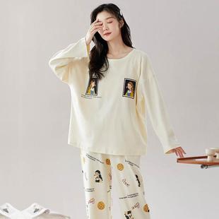 休闲简约女士可外穿家居服带胸垫 纯棉睡衣女春秋长袖 长裤 套装 新款