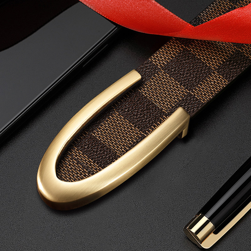 C字母皮带男士潮流年轻人奢侈品腰带男格子纹牛皮平滑扣西服裤带