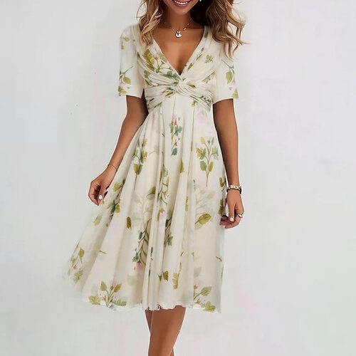 V领印花公主袖连衣裙  V-neck printed princess sleeve dress