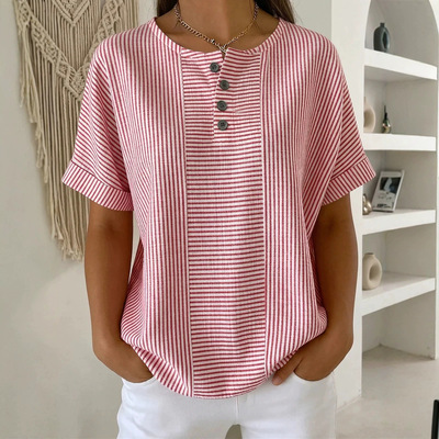 V领条纹纽扣女士休闲上衣V-neck striped buttonwomen'scasualtop