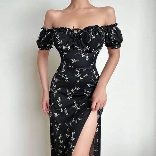 Off shoulder split floral mid length dress露肩开叉碎花连衣裙