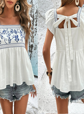 Square collar flying sleeve ruffle top方领飞飞袖荷叶边上衣女