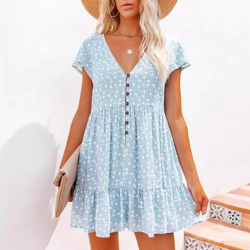 V领纽扣短袖连衣裙    V-neck button up short sleeved dress