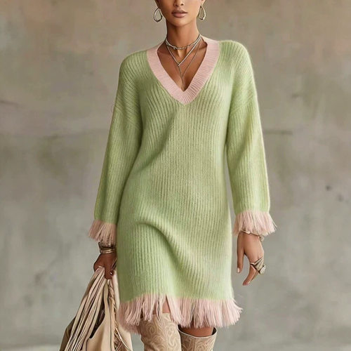 Color-blocked V-neck fringe maxi dress撞色V领流苏连衣短裙