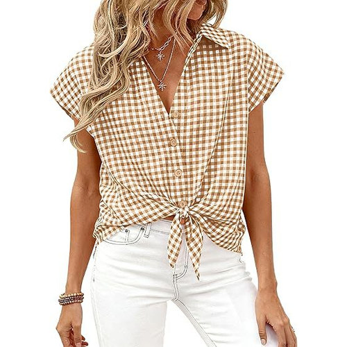 女士格子纽扣衬衫上衣Ladies' checkered button up shirt top