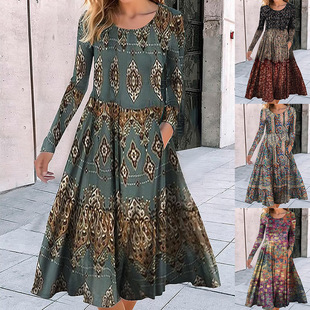 dress loose with big 印花大摆连衣裙 Round peplum圆领长袖 neck