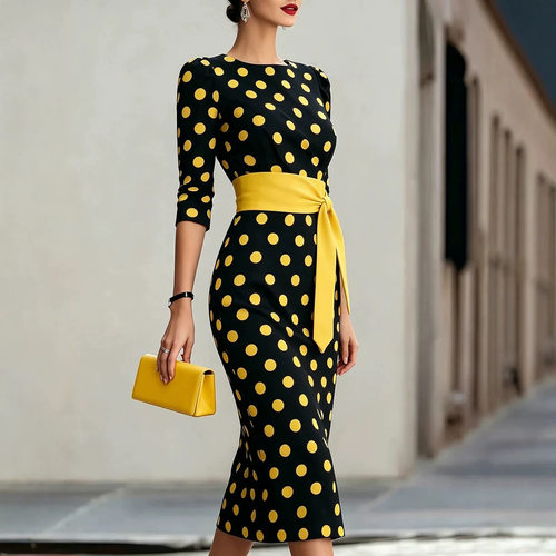 波点收腰修身连衣裙Wave point waist cinching slim fit dress