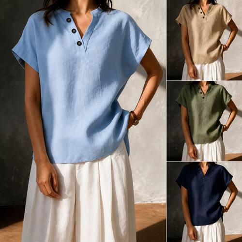 纯色V领纽扣女士上衣Solid color V-neck button up women's top