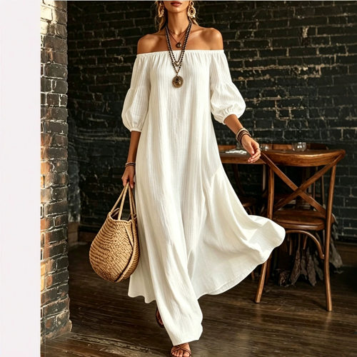 One shoulder bubble sleeve dress for women一字肩泡泡袖连衣裙