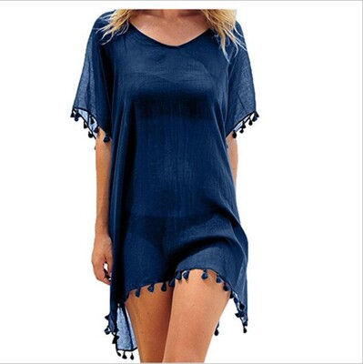 女流苏大码沙滩罩衫Round neck tassel loose beach cover shirt