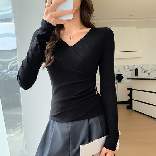 V-neck button pleated slim fittopforwomenV领纽扣褶皱修身上衣