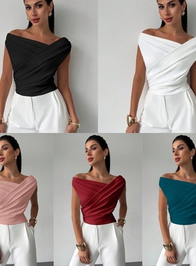 Solid color sleeveless sloping shoulder T-shirt 纯色斜肩T恤